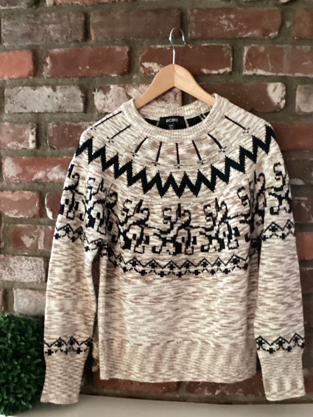 BCBG Women’s Cream and Black Fair Isle Crewneck Sweater